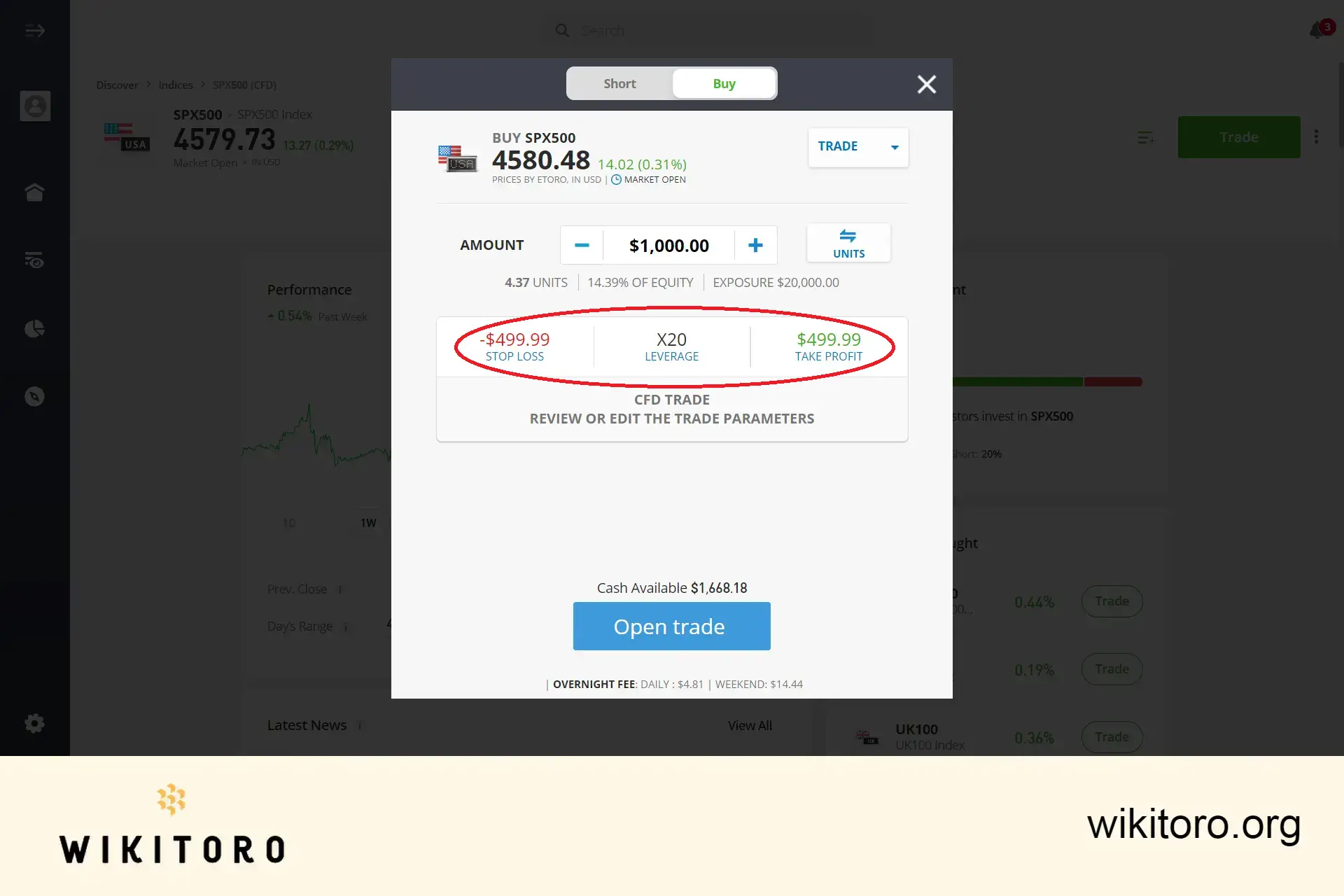eToro S&P 500 -kauppaparametrien asettaminen
