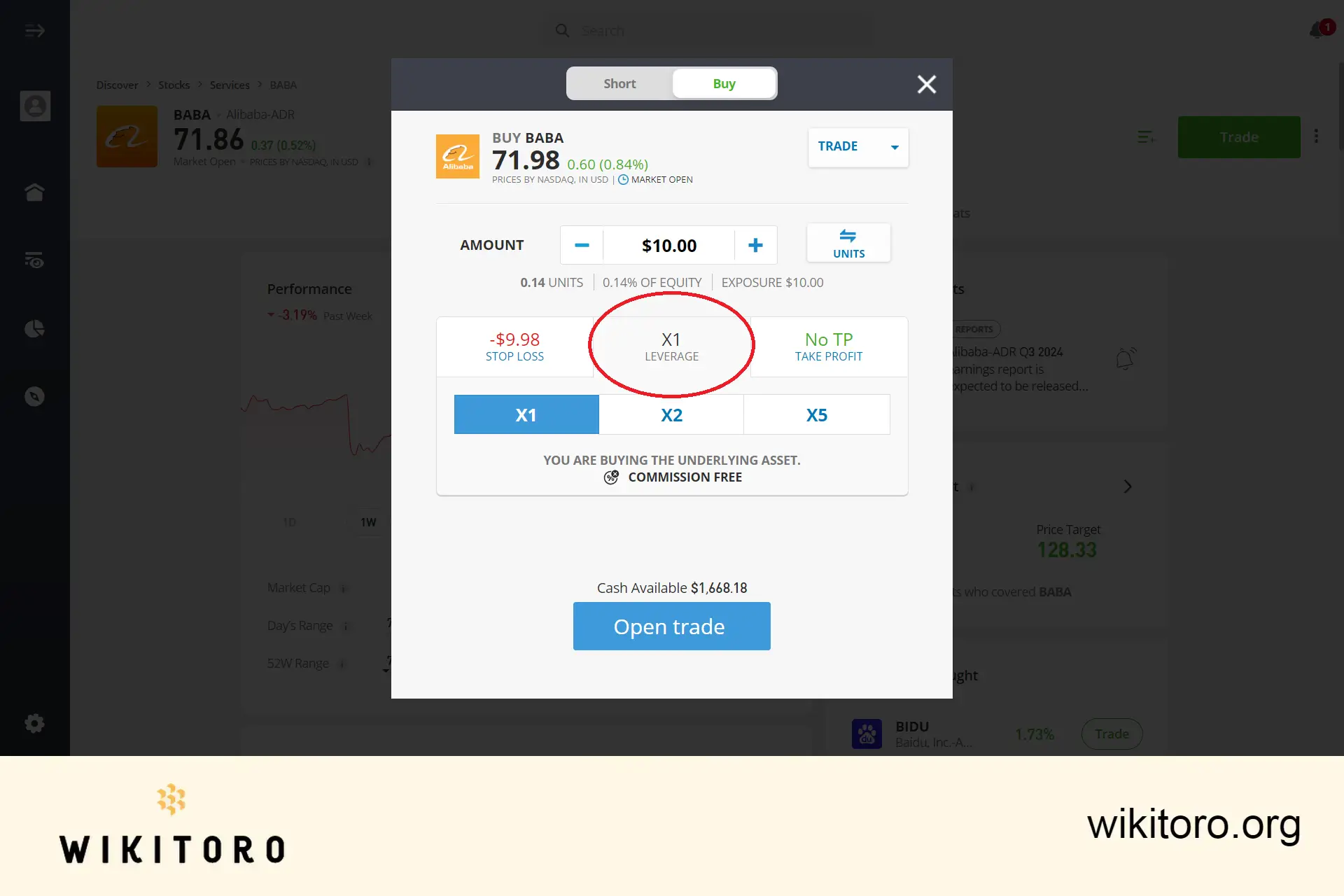 eToro Alibaba-osakkeiden kaupankäyntiparametrien asettaminen
