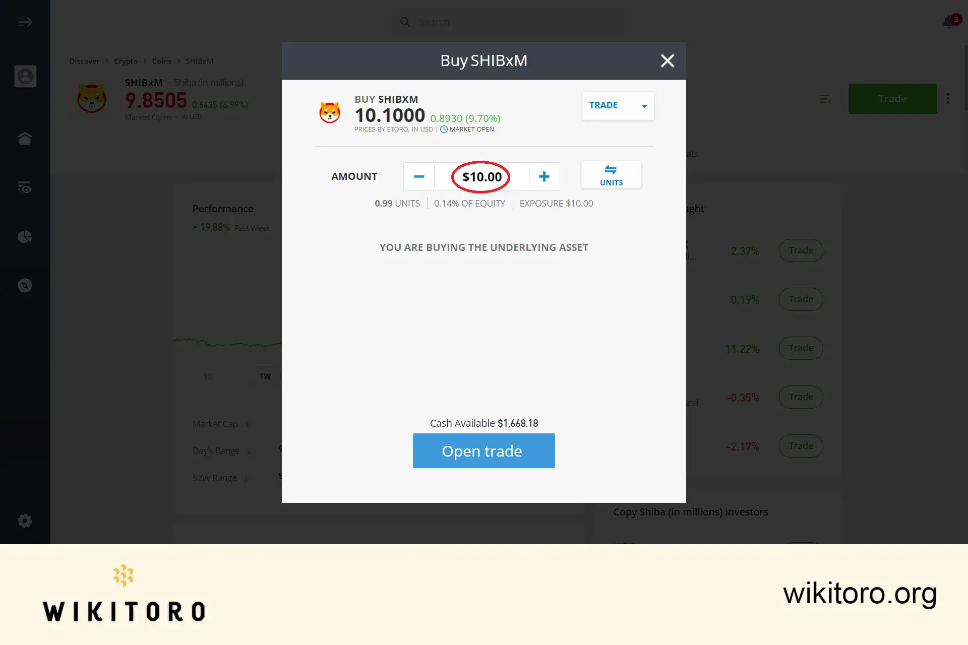 eToro Shiba Inu minimikaupankäynti on 10 dollaria