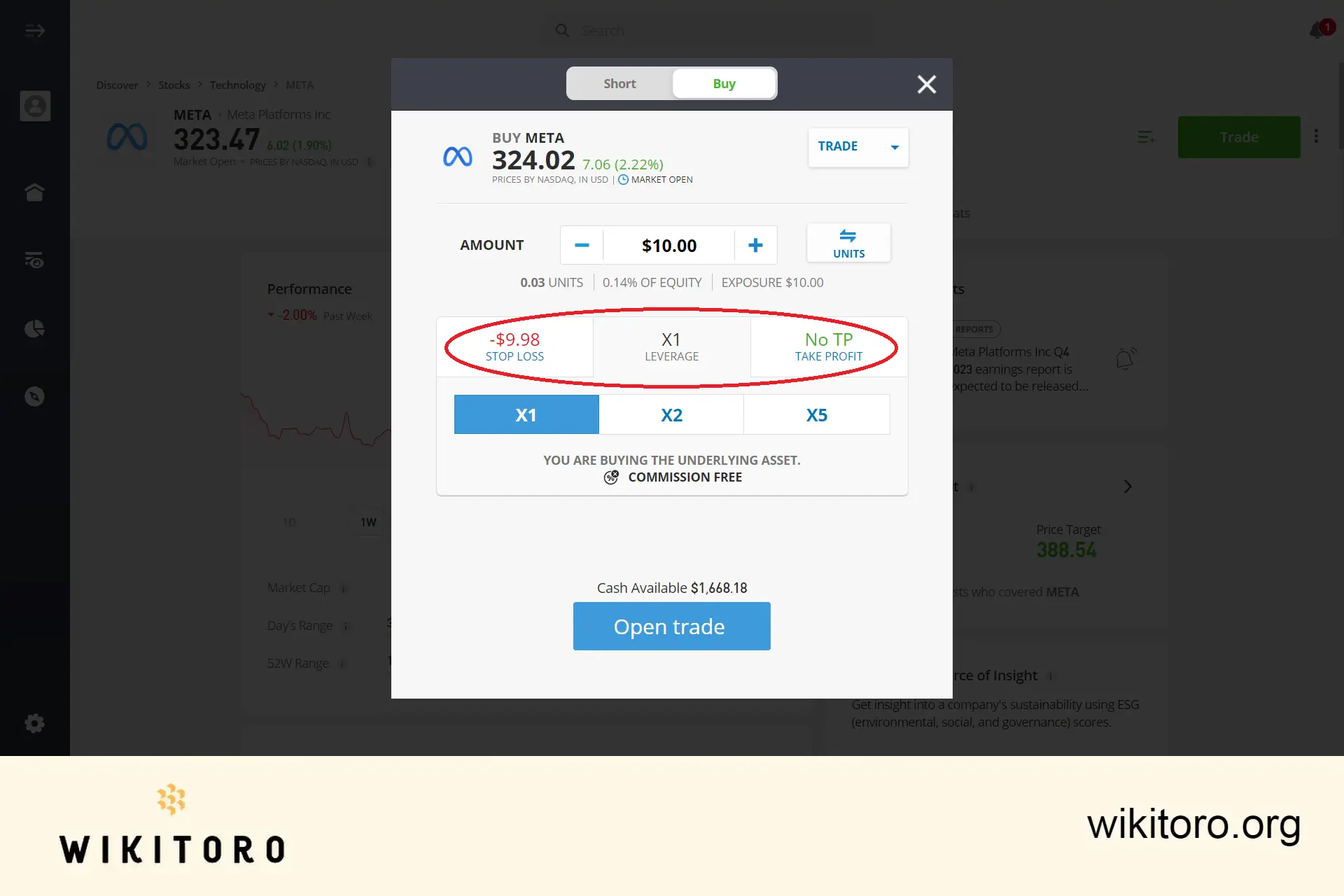 eToro Meta stocks -kaupankäynnin parametrien asettaminen