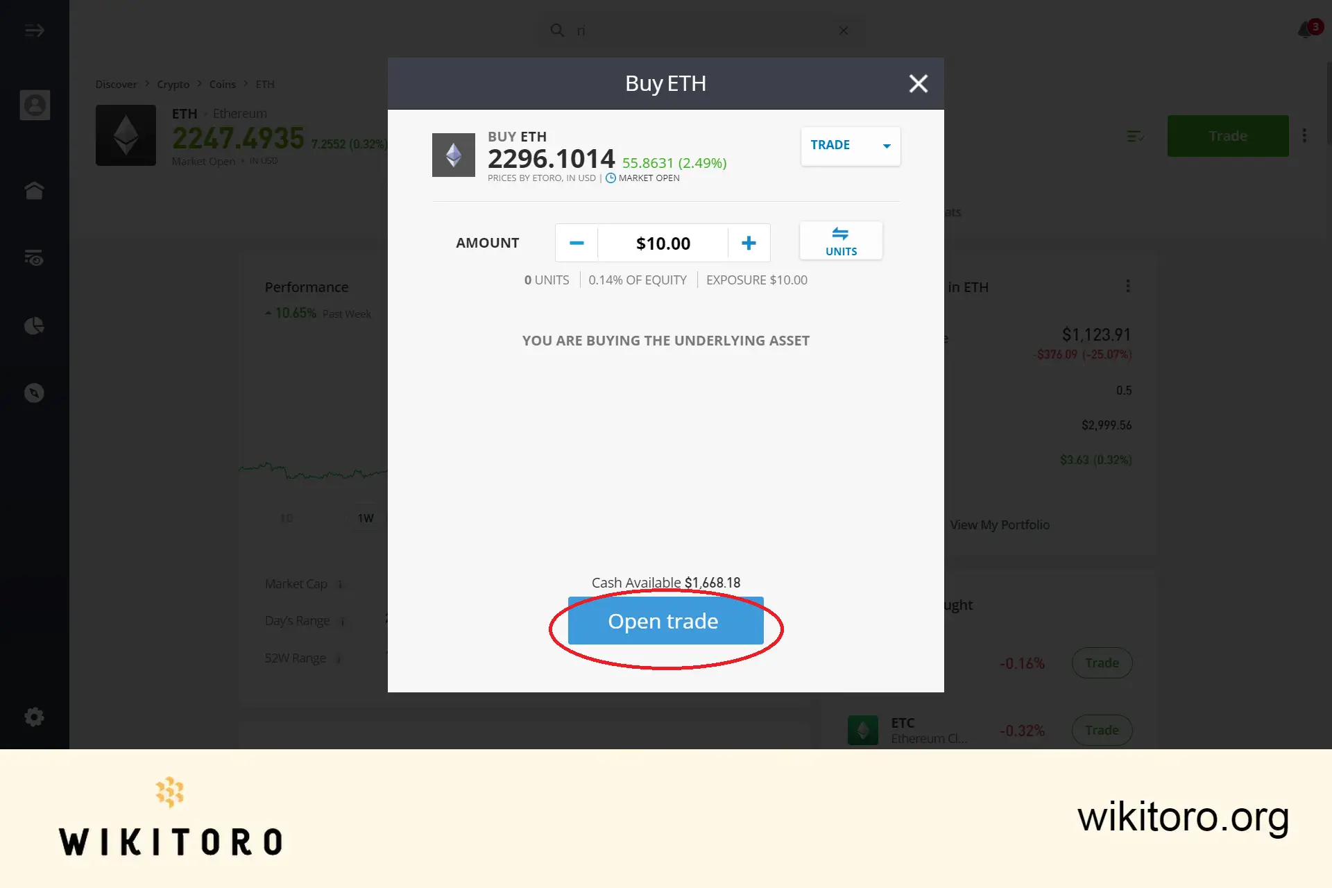 eToro Ethereum -kauppatilauksen toteuttaminen