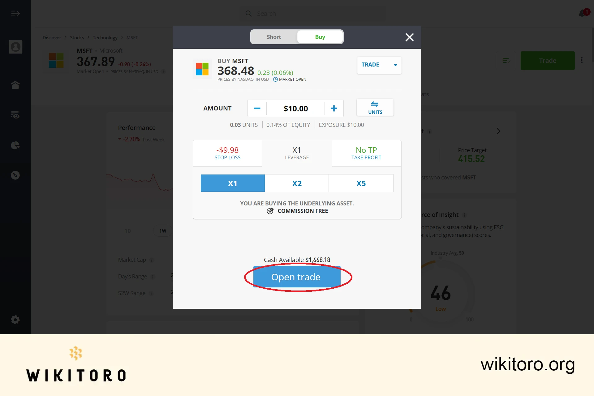 eToro-osakekaupan toteuttaminen Microsoftin osakkeilla