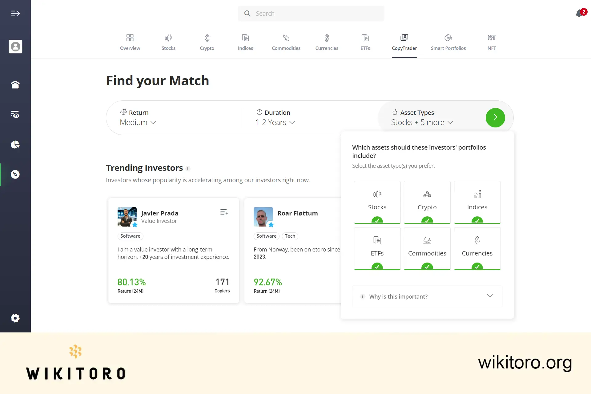 eToro kopiointikauppojen suodatin