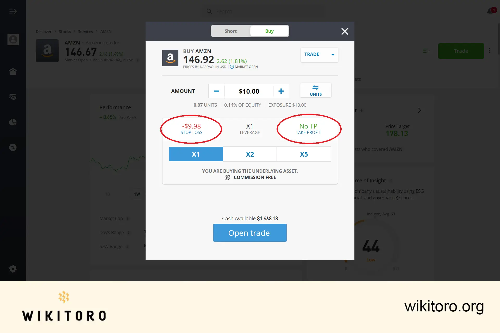 eToro Amazonin osakkeiden kaupankäyntiparametrien asettaminen