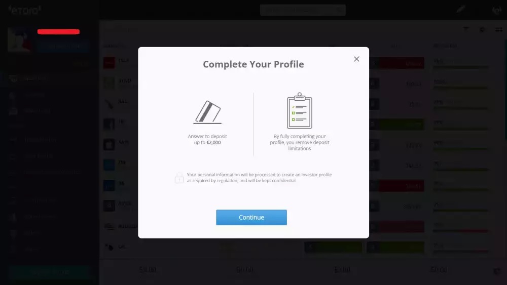 eToro-profiilin täyttäminen