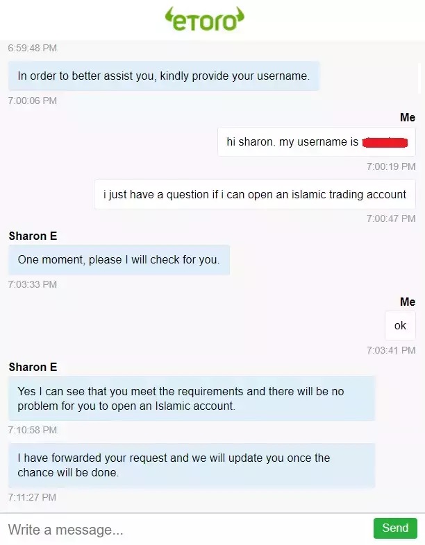 Islamilaisen eToro-tilin hakeminen live-chat-tuen kautta