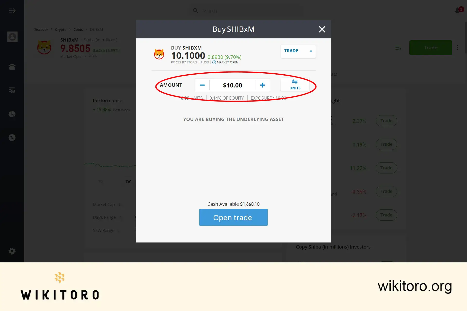 eToro Shiba Inu -sijoitussumman asettaminen
