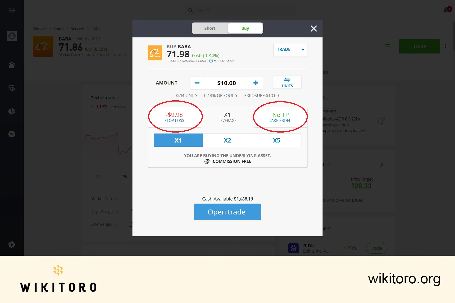 eToro Alibaba -osakkeiden kaupankäyntiparametrien asettaminen
