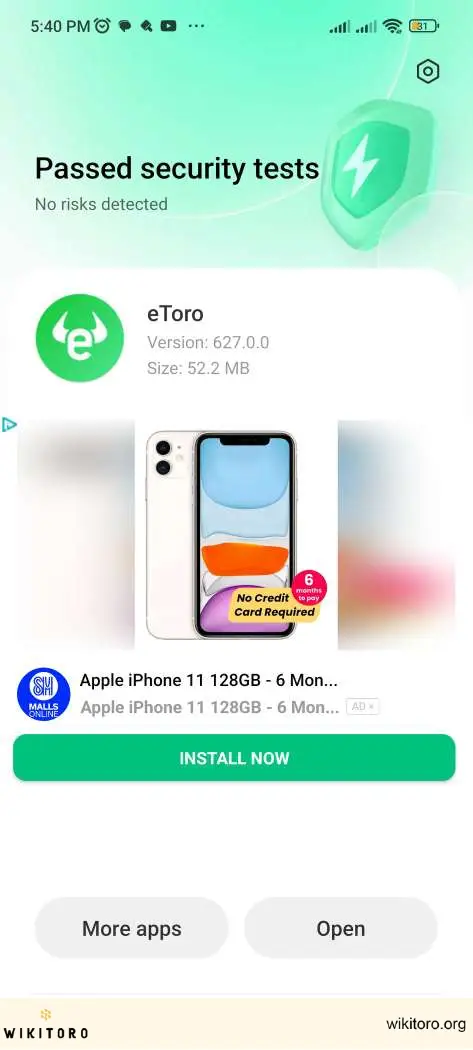 eToro-sovellus asennettu Android-laitteeseen