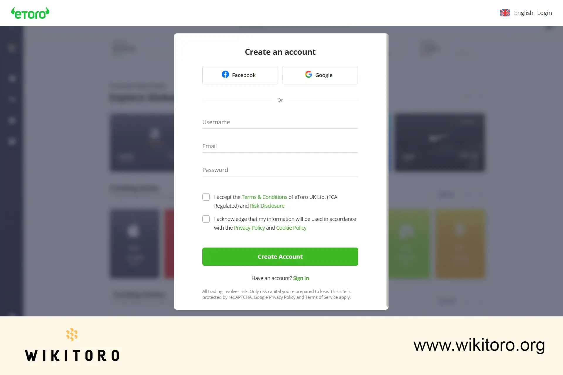 eToro-rekisteröintisivu