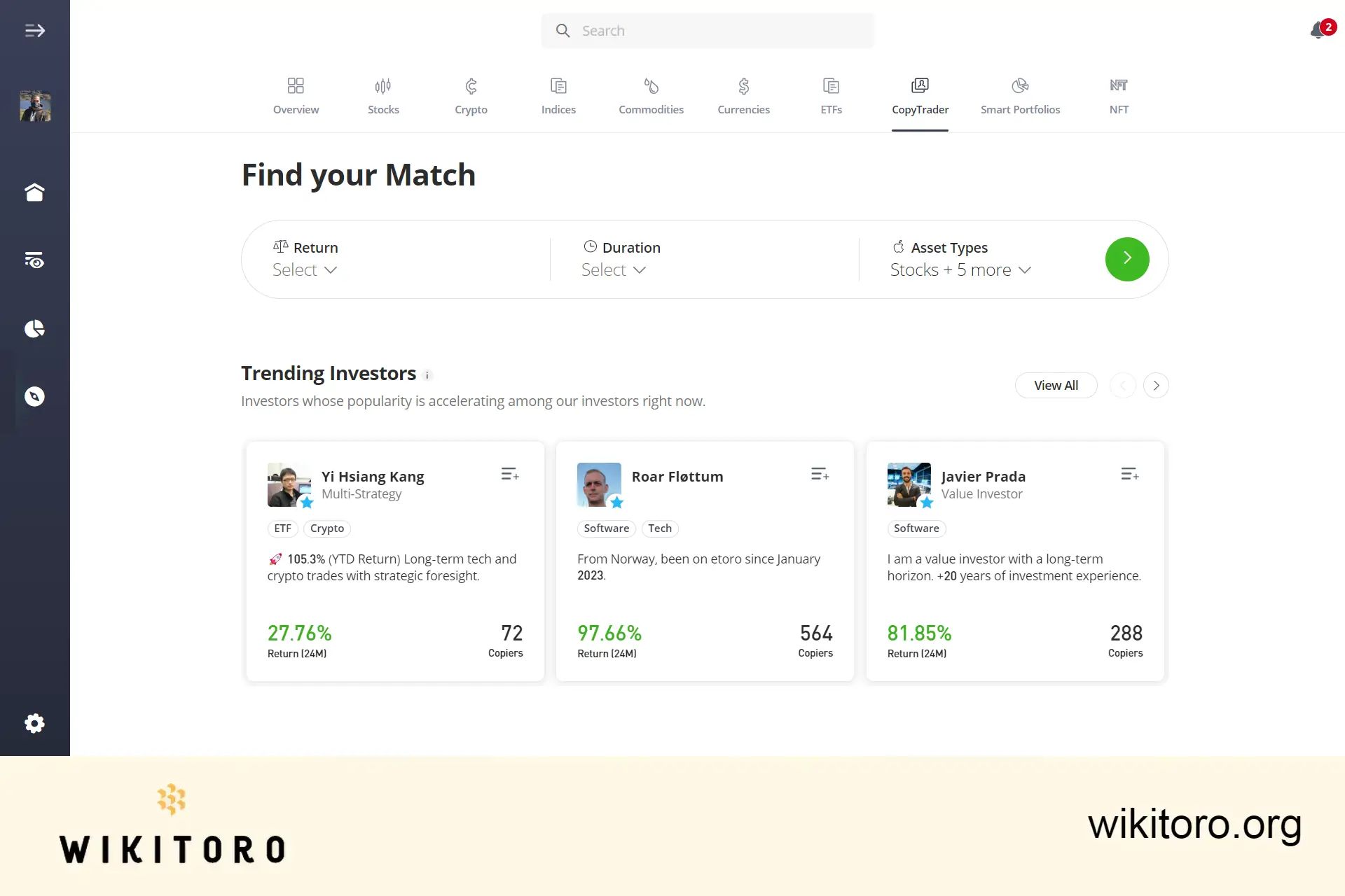 eToro CopyTrader -sivu