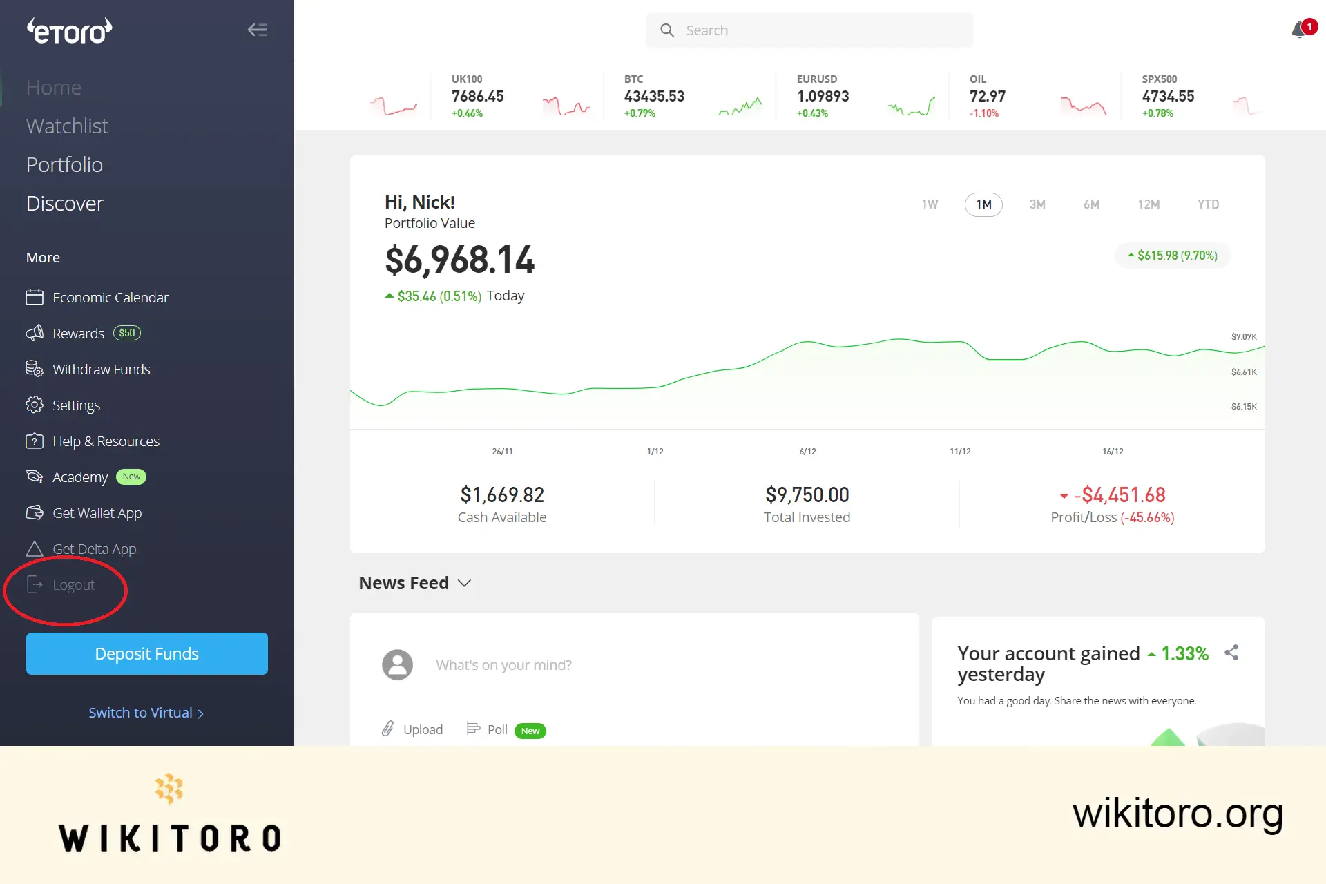 Kirjaudu ulos -linkki eToro-alustalla