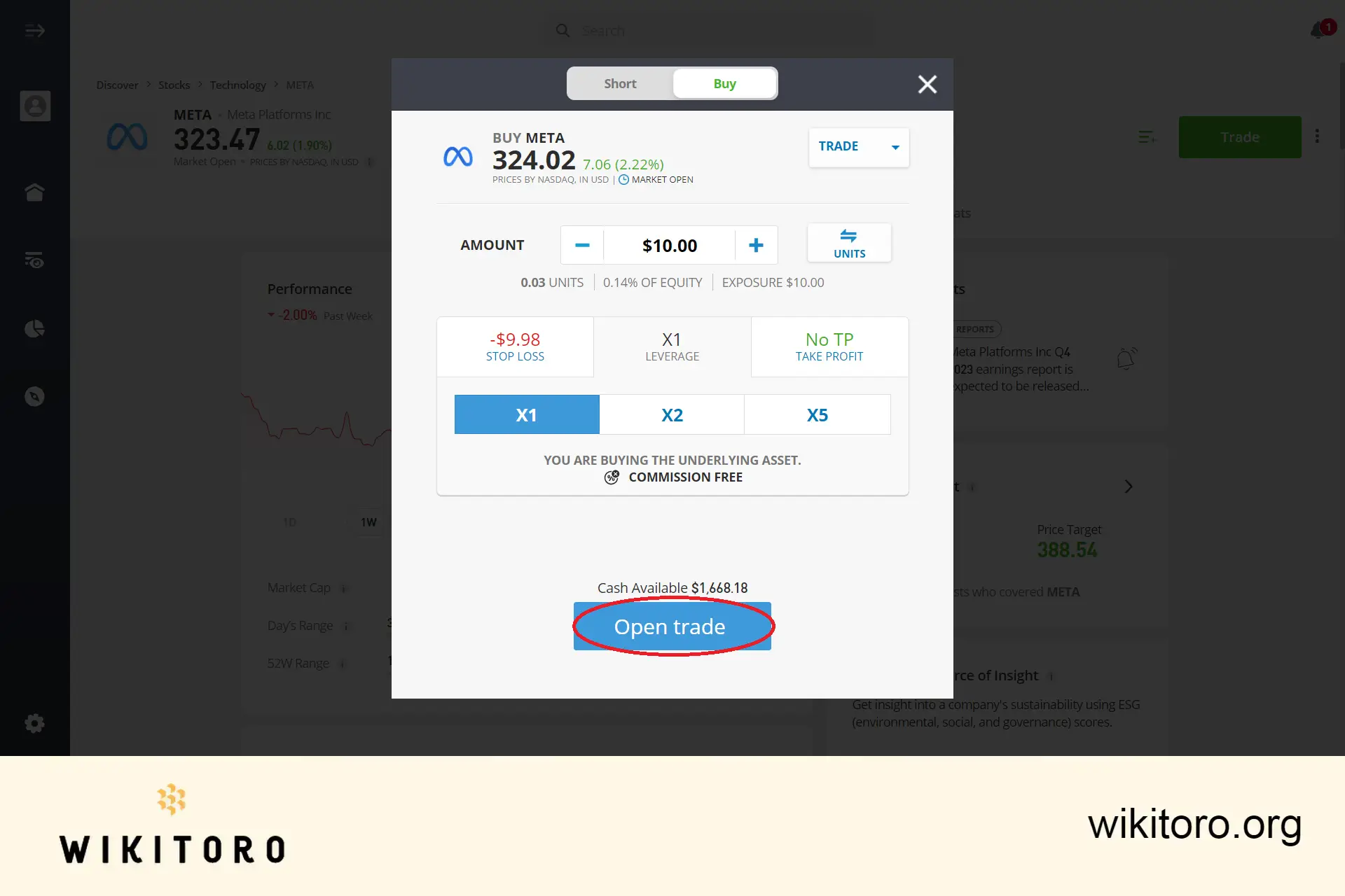 eToro Meta stocks -kaupan toteuttaminen