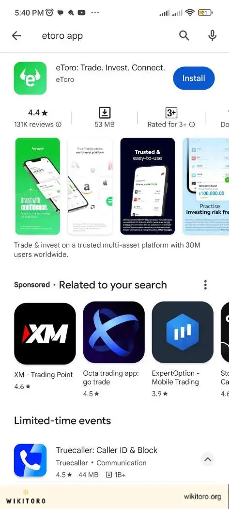 eToro-sovellus Google Play Storessa