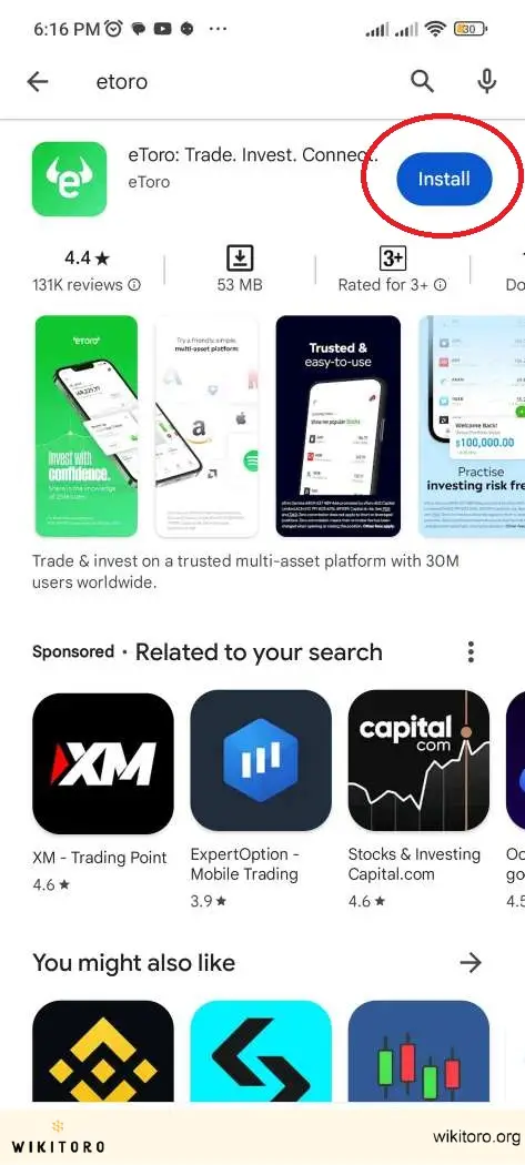 eToro-applikaation asentaminen Android-laitteeseen