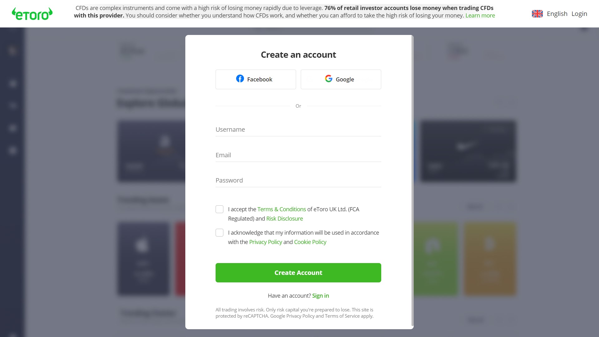 eToro-rekisteröintisivu